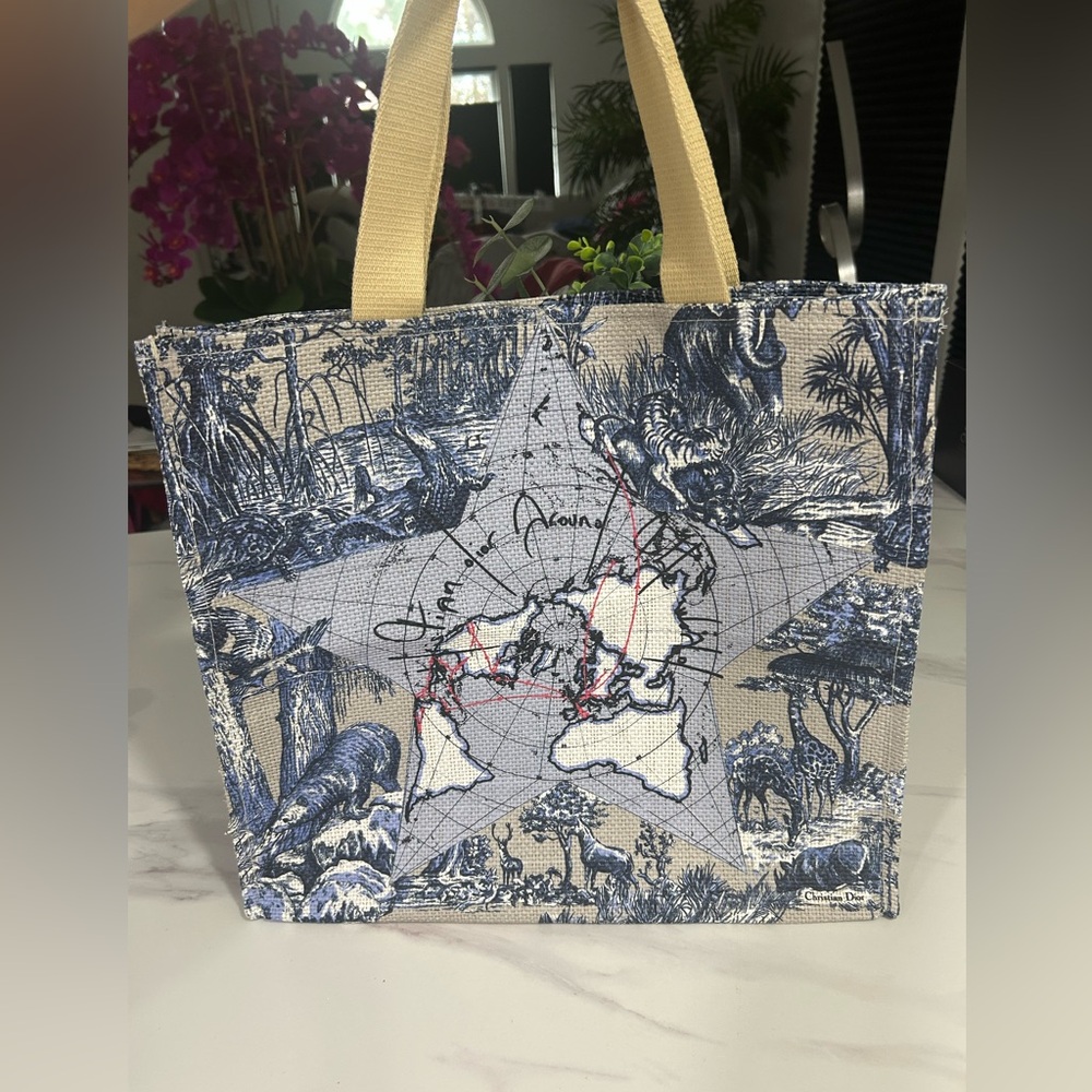 Dior Blue and Cream Canvas Tote with Yellow Handles